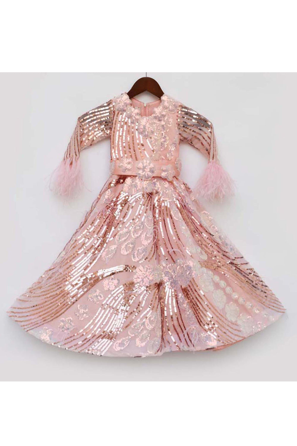 Peach Sequins And Floral Embroidered Net Gown