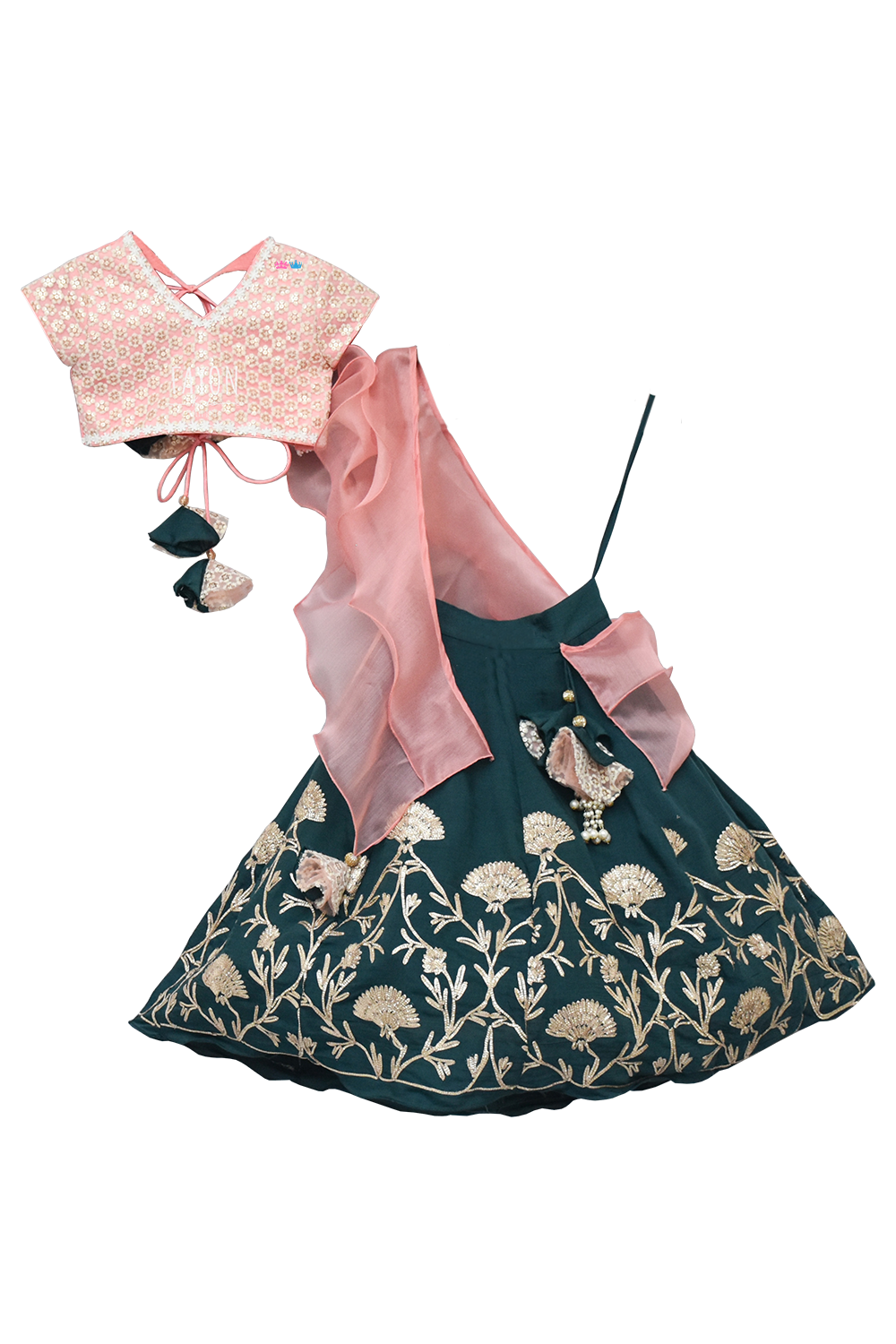 Peach embroidered choli with green gota lehenga