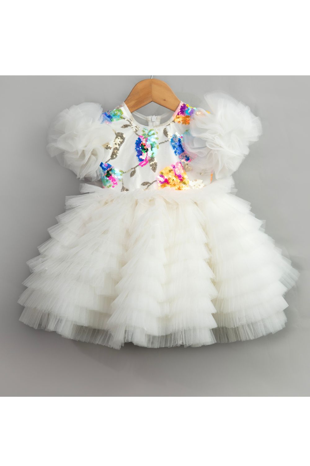 Off White With Multicolor Sequins Embroidered Frill Net Dress