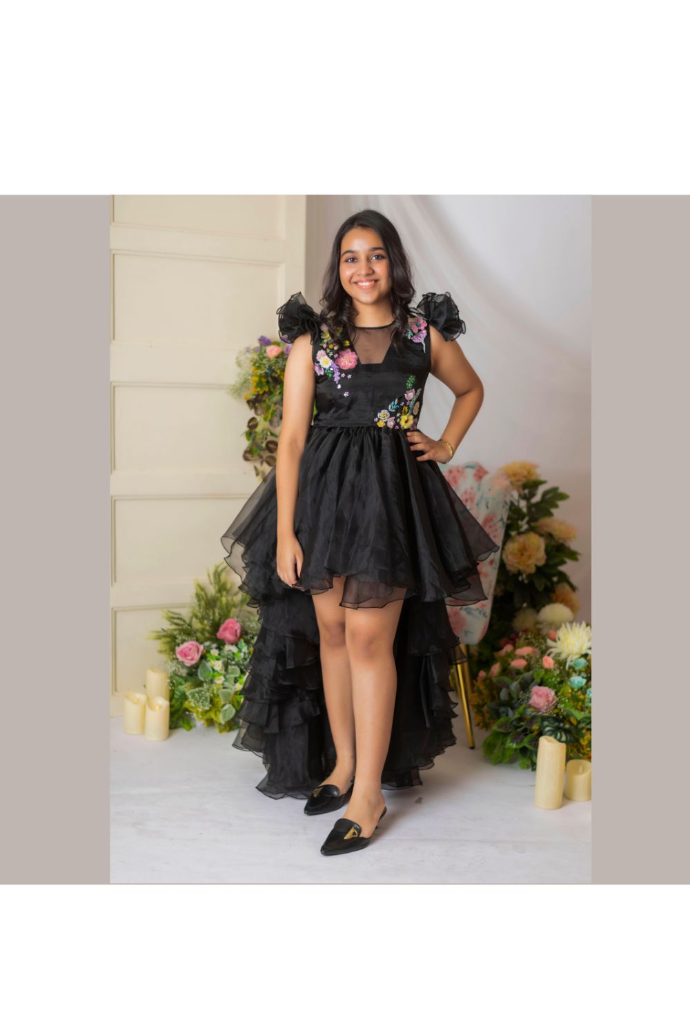 Black Flower Embellished High Low Dress