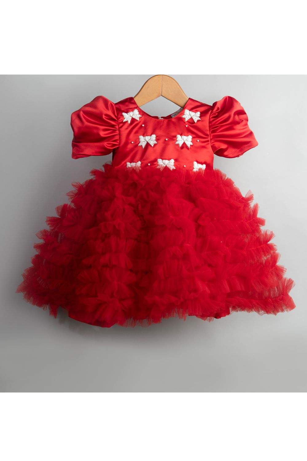 Red Pearl Detailing Bow Net Frill Dress