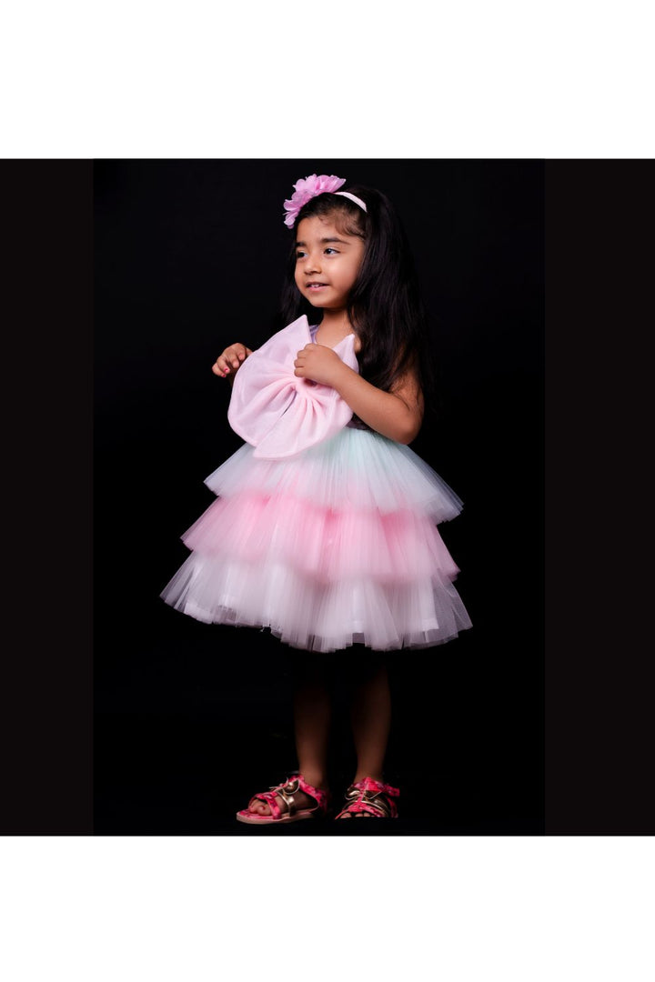 Multicolor Bow Detailing One Shoulder Net Frill Dress