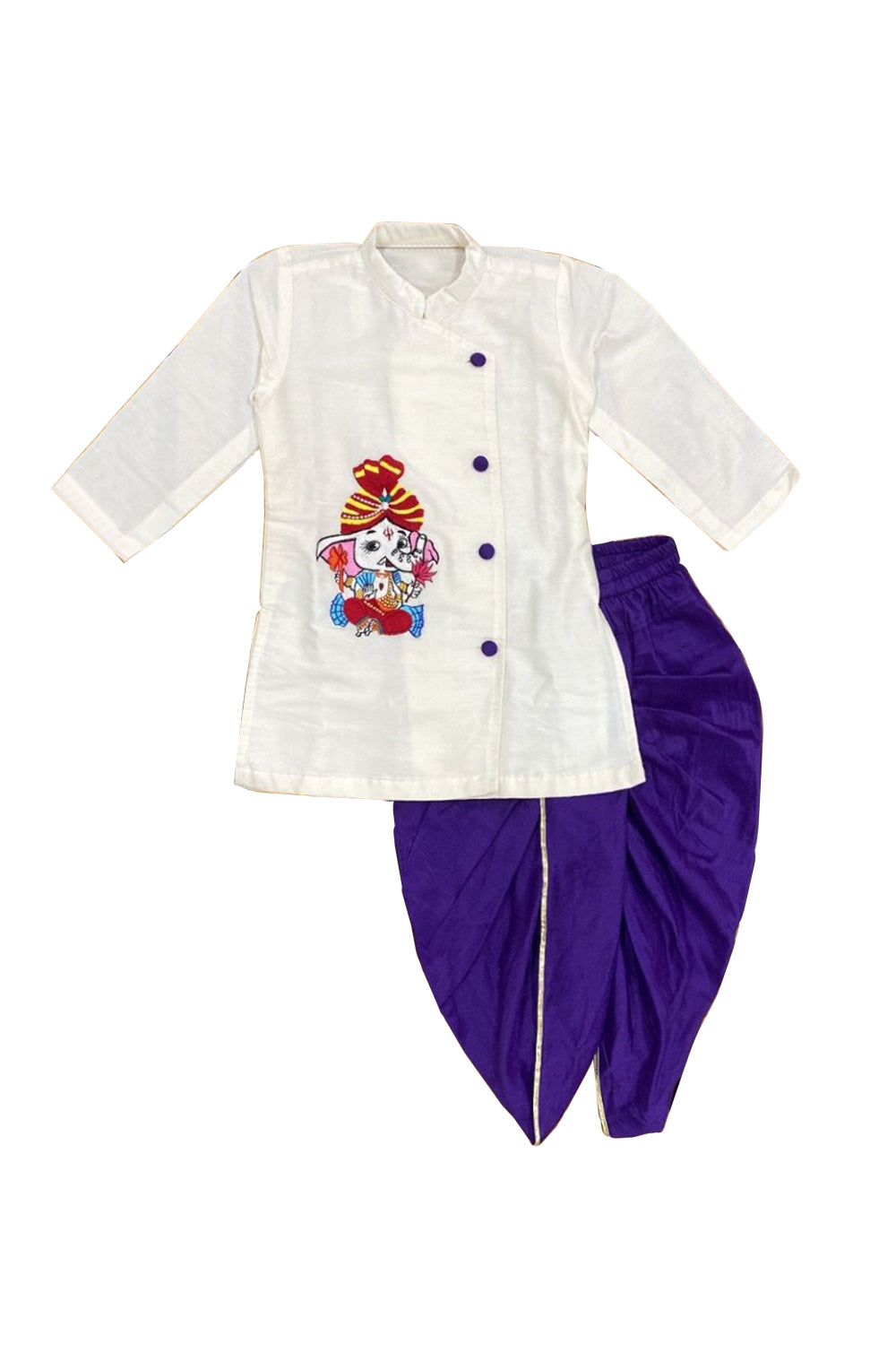 Off White Ganesha Embroidered Cotton Silk Kurta With Dhoti Set