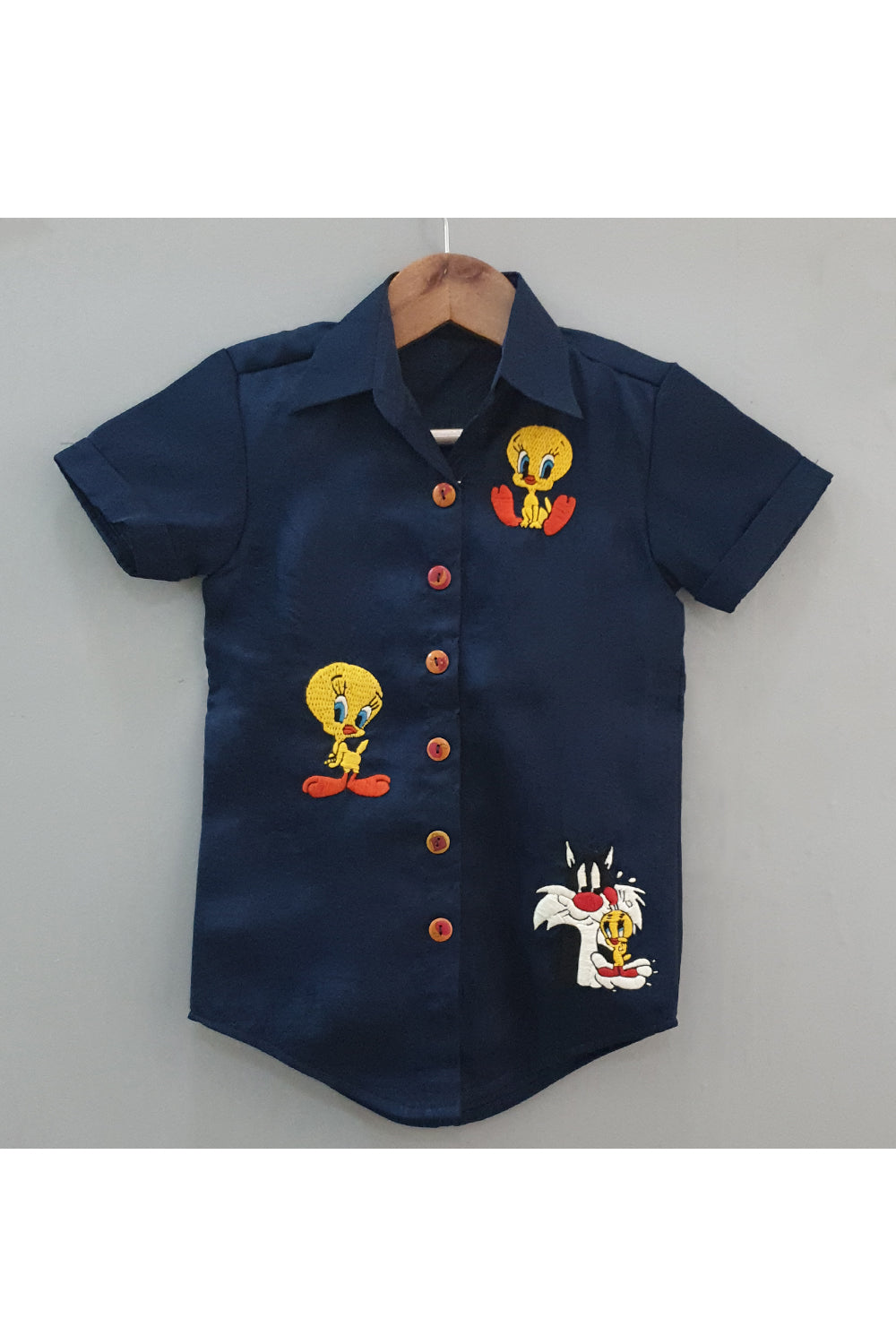 Blue daisy duck embroidered long shirt