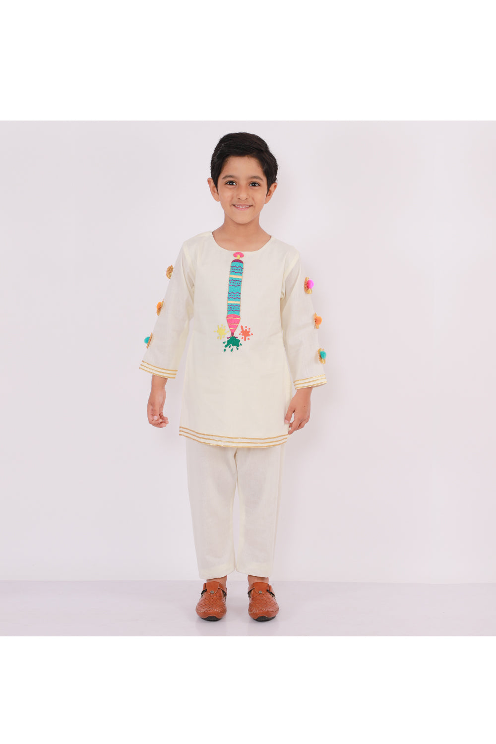 Off White Water Gun Embroidered Cotton Cambric Kurta Pyjama