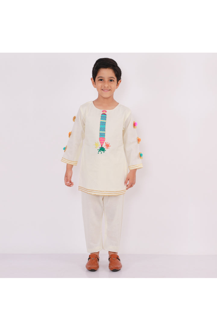 Off White Water Gun Embroidered Cotton Cambric Kurta Pyjama