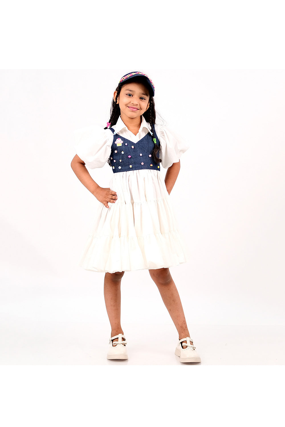 White Shirt Style Dress With Denim Candy Embellished Top