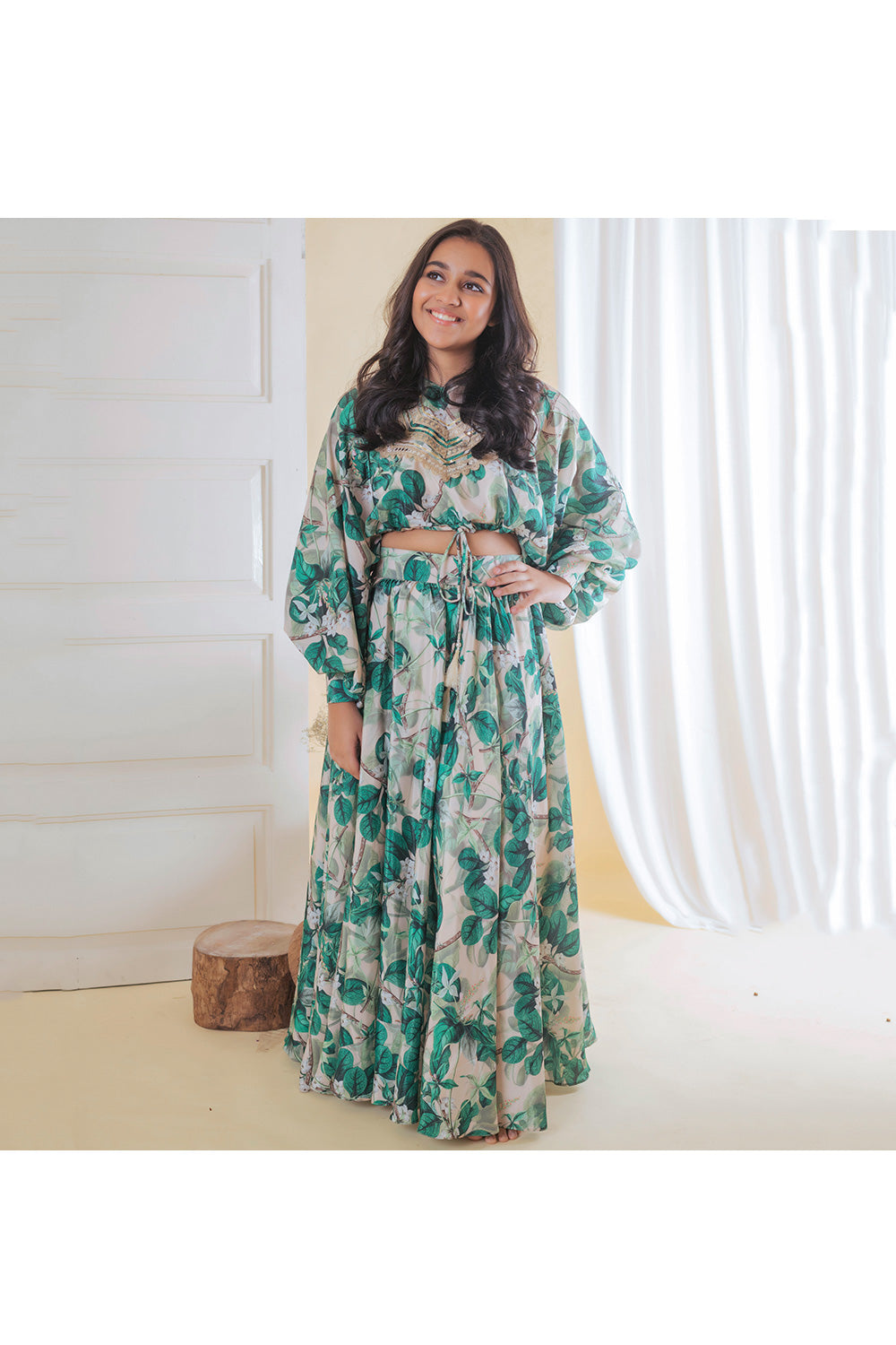 Green Leaf Printed Top With Lehenga Set