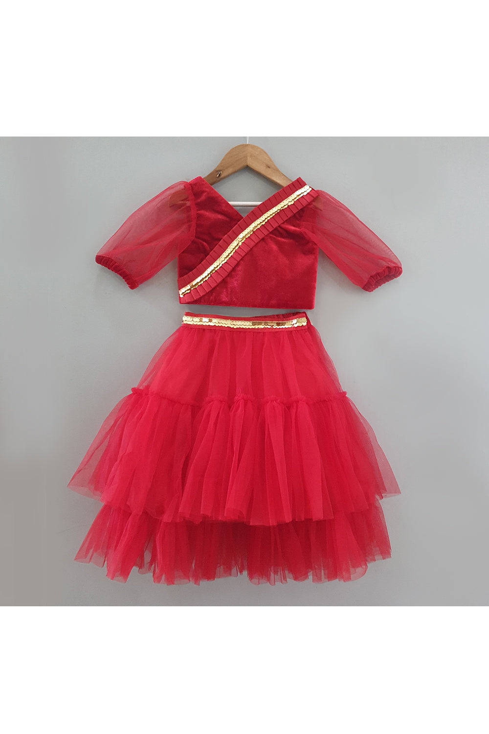 Red Velvet Puff Sleeves Top With Frill Net Lehenga