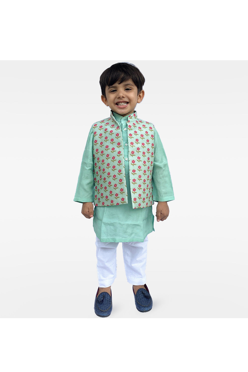 Aqua Blue Muslin Kurta With Buti Printed Jacket Set