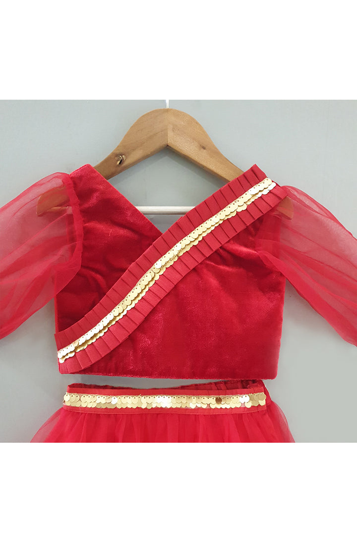 Red Velvet Puff Sleeves Top With Frill Net Lehenga