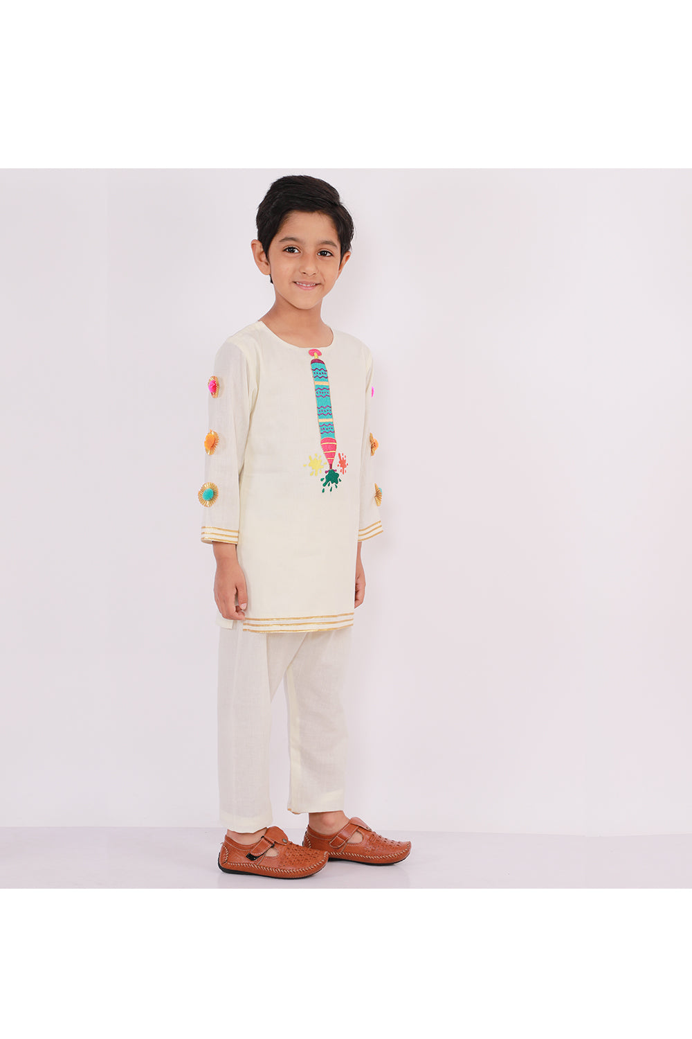 Off White Water Gun Embroidered Cotton Cambric Kurta Pyjama