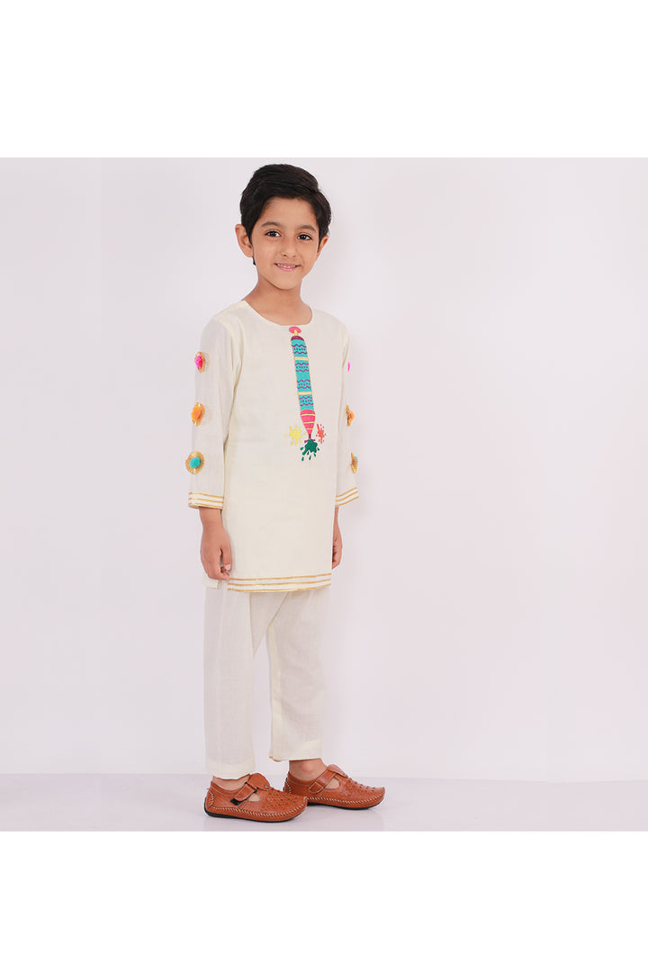 Off White Water Gun Embroidered Cotton Cambric Kurta Pyjama