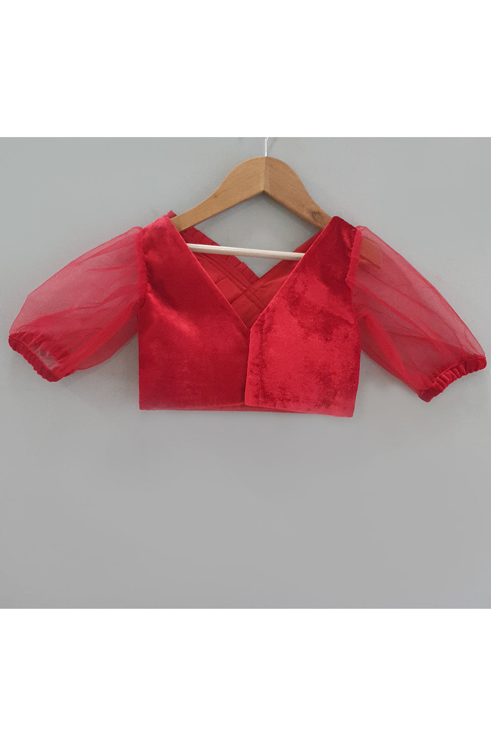 Red Velvet Puff Sleeves Top With Frill Net Lehenga