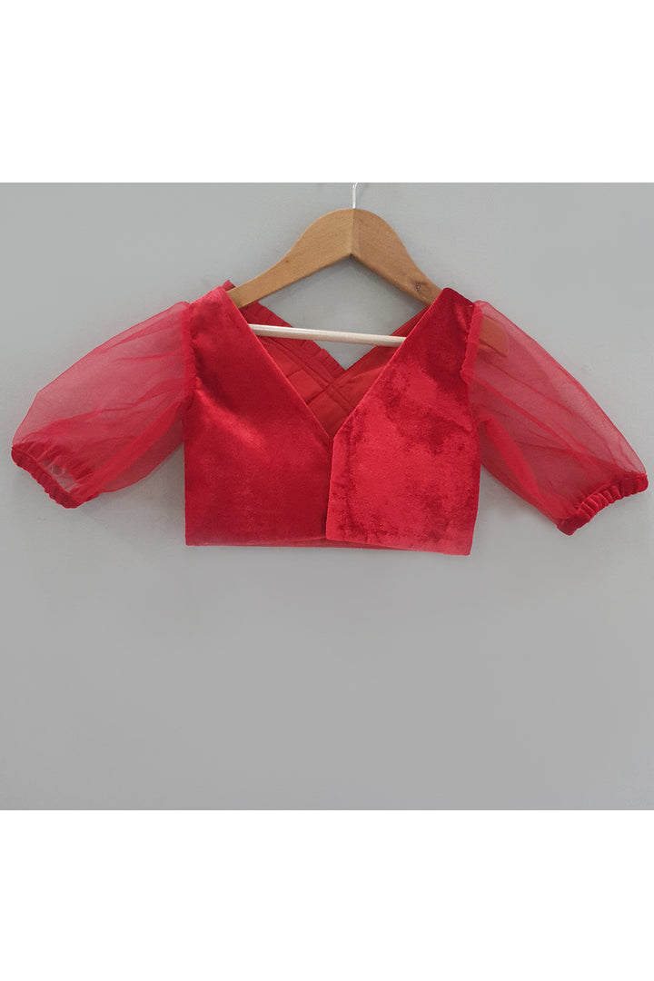 Red Velvet Puff Sleeves Top With Frill Net Lehenga