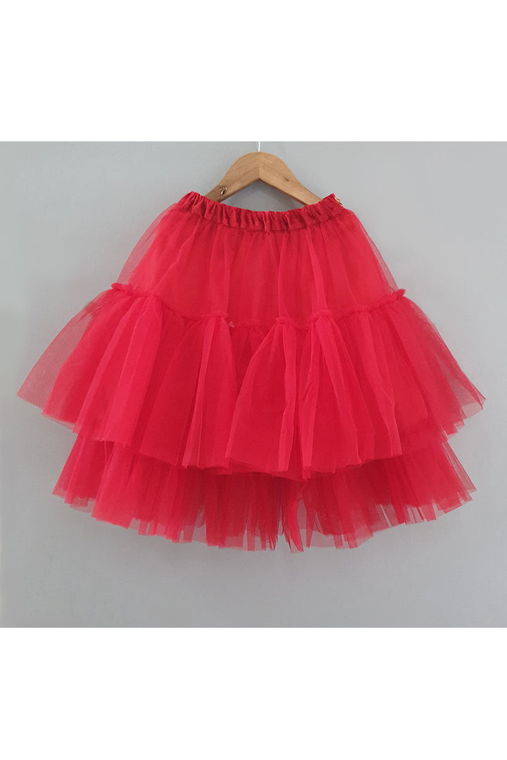 Red Velvet Puff Sleeves Top With Frill Net Lehenga