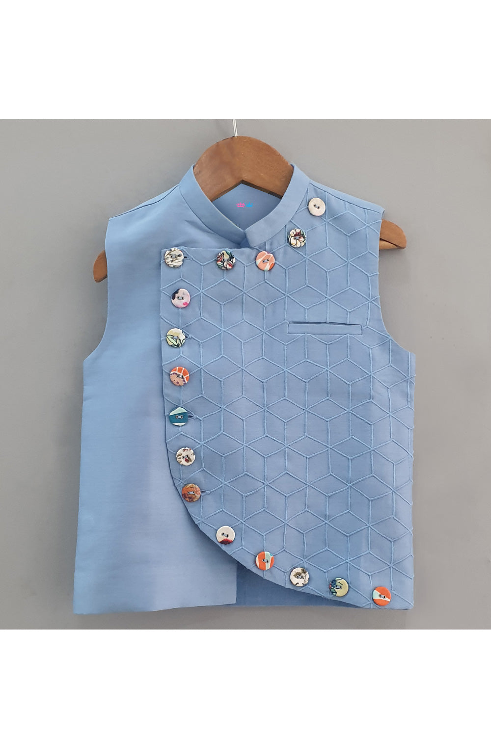 Powder Blue Embroidered Chanderi Nehru Jacket