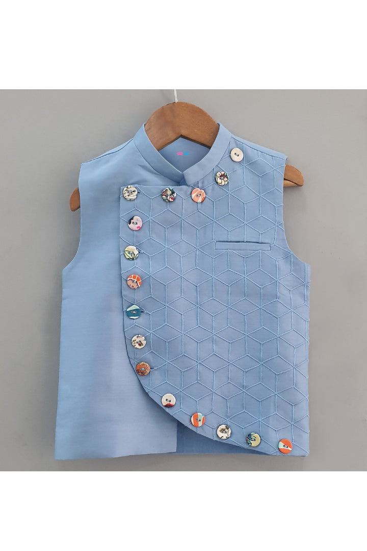 Powder Blue Embroidered Chanderi Nehru Jacket