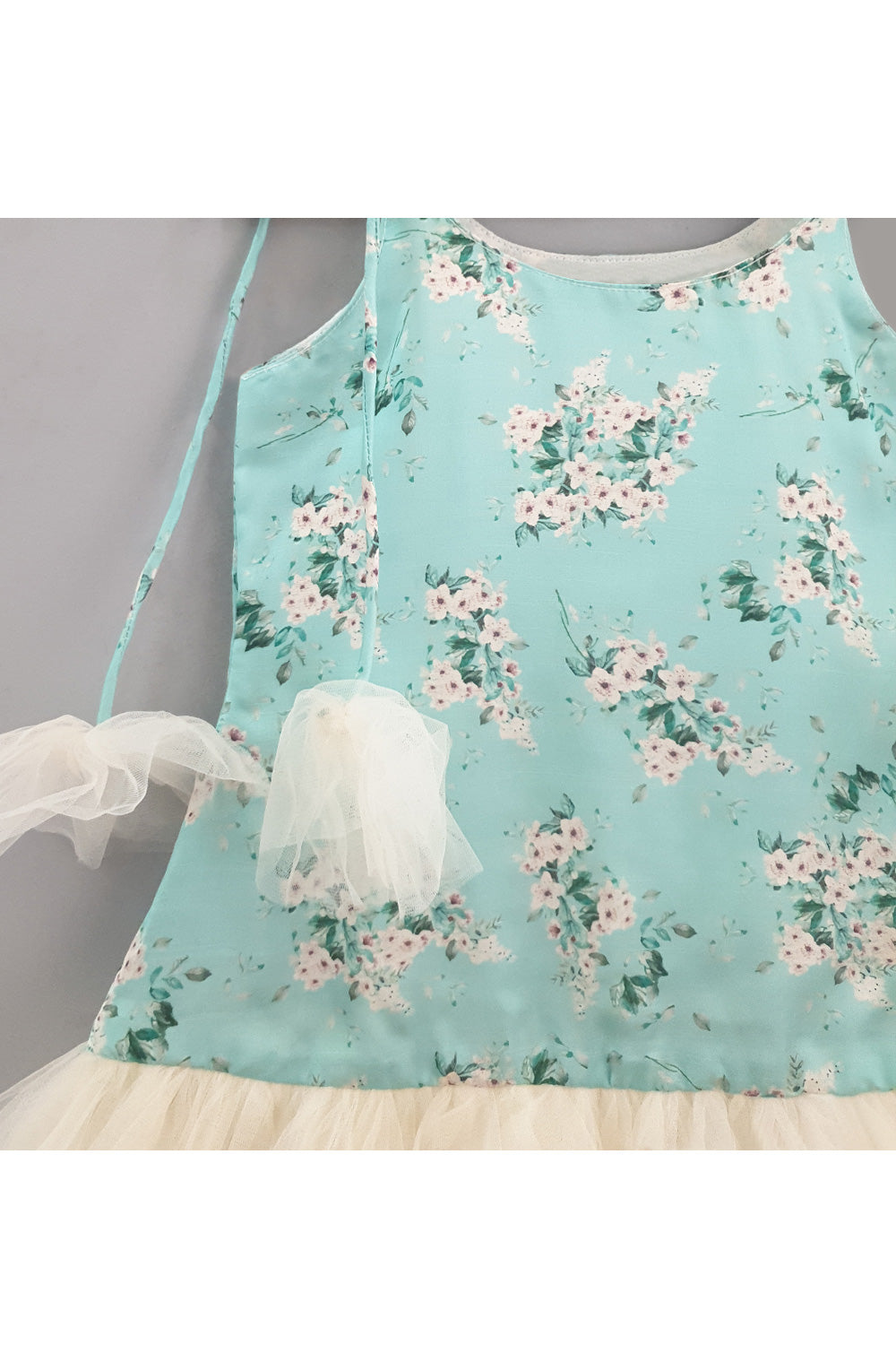 Aqua Blue Flower Printed Linen Satin Frill Dress