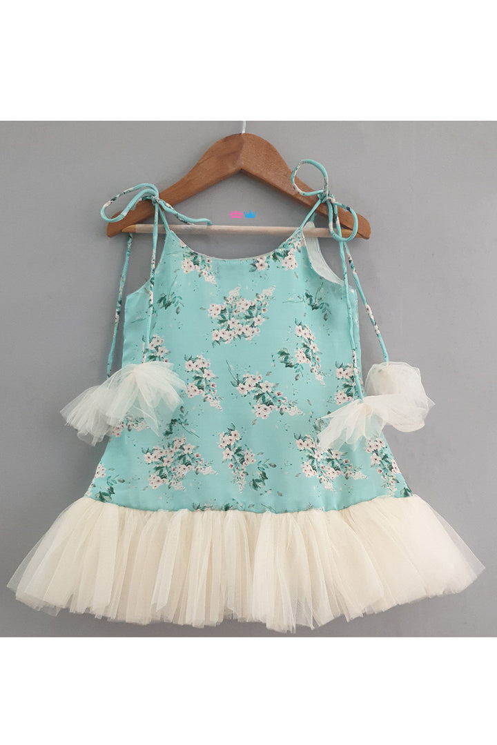 Aqua Blue Flower Printed Linen Satin Frill Dress