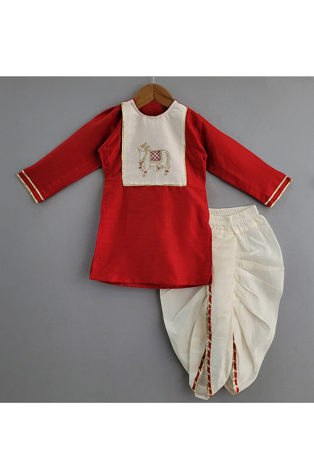 Red kamdhenu Embroidered Cotton Silk Kurta With Dhoti Set
