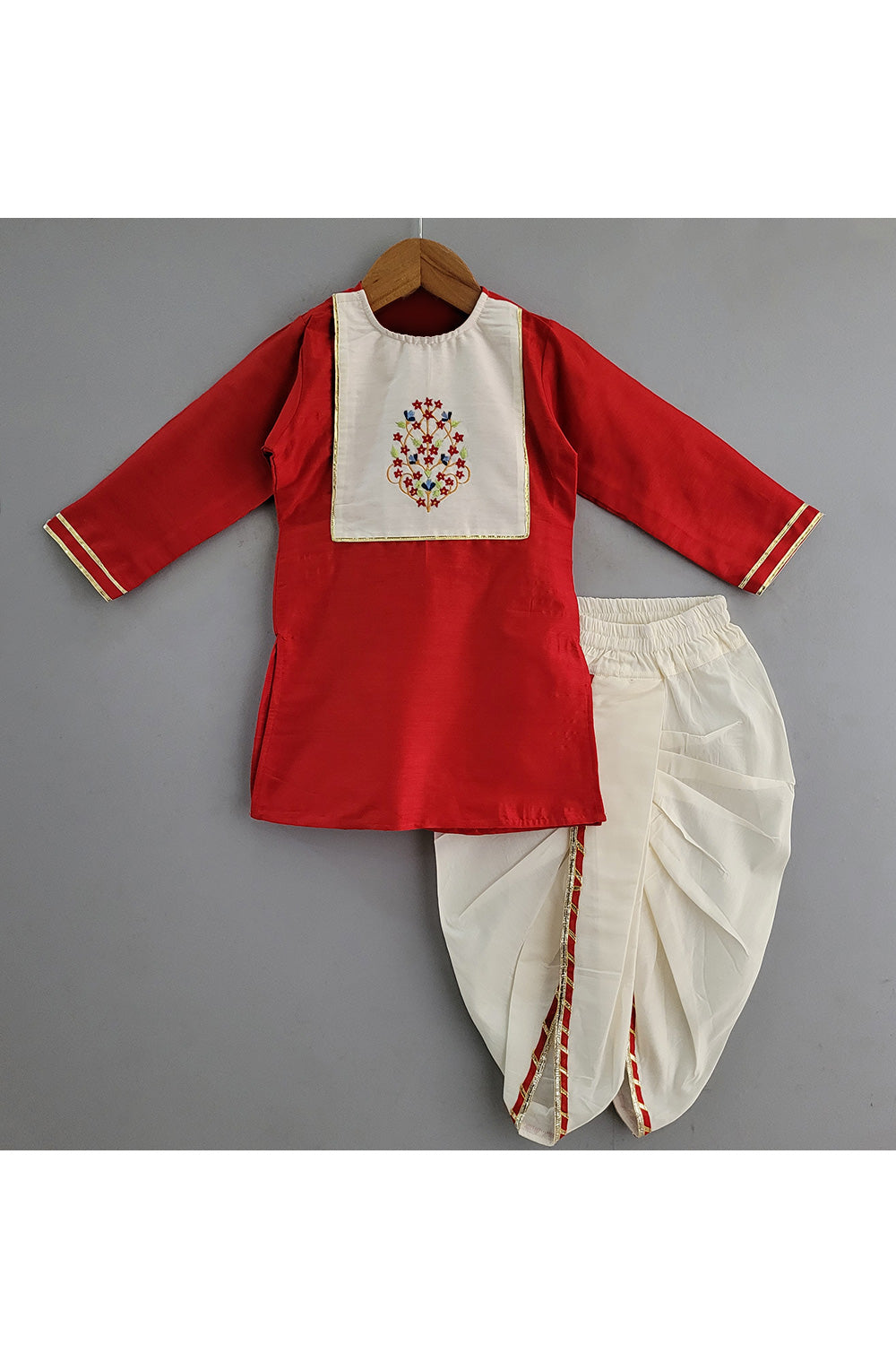 Red Embroidered Cotton Silk Kurta With Dhoti Set