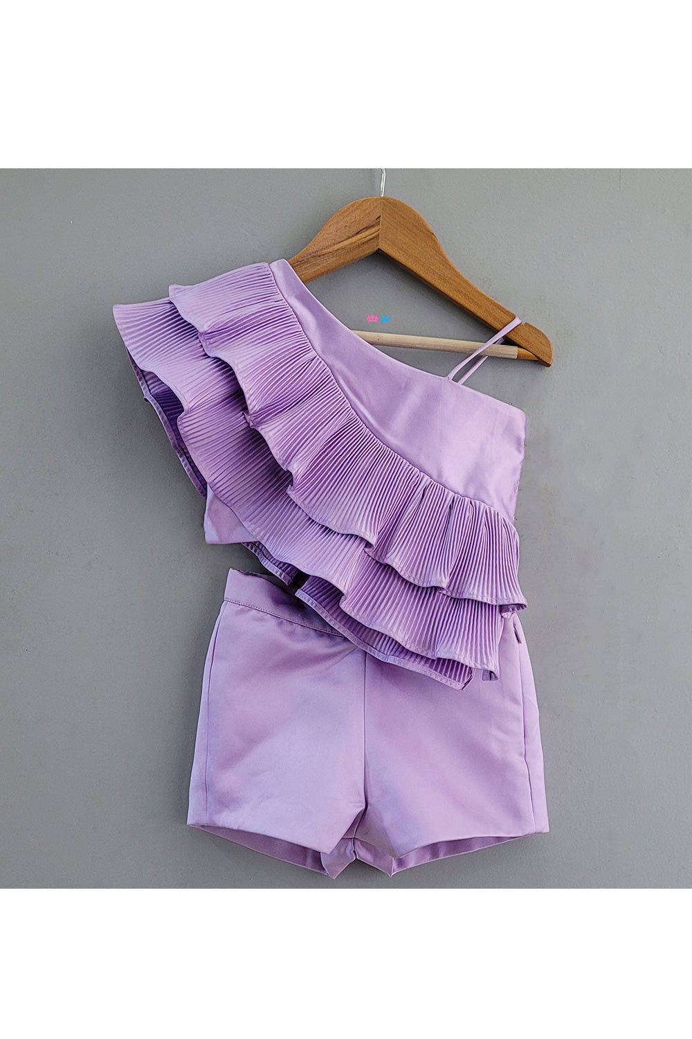 Lavender One Shoulder Frill Top With Shorts Set