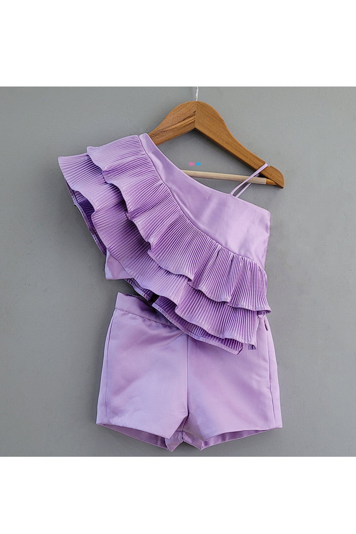 Lavender One Shoulder Frill Top With Shorts Set
