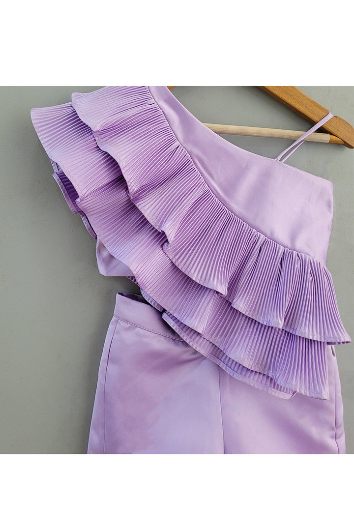 Lavender One Shoulder Frill Top With Shorts Set