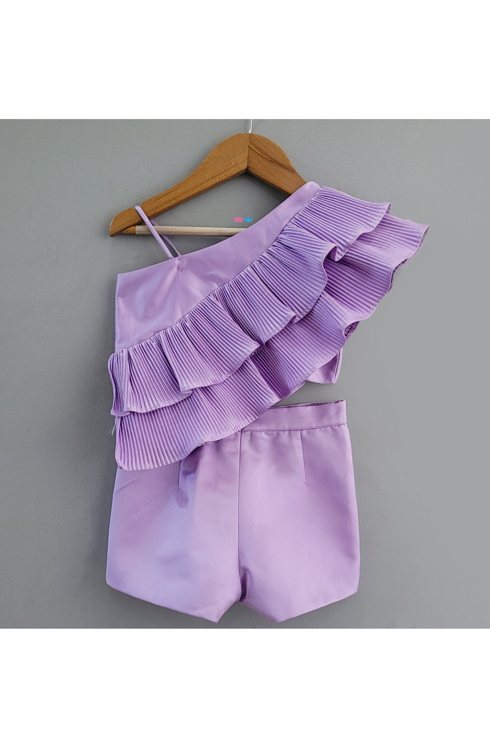 Lavender One Shoulder Frill Top With Shorts Set