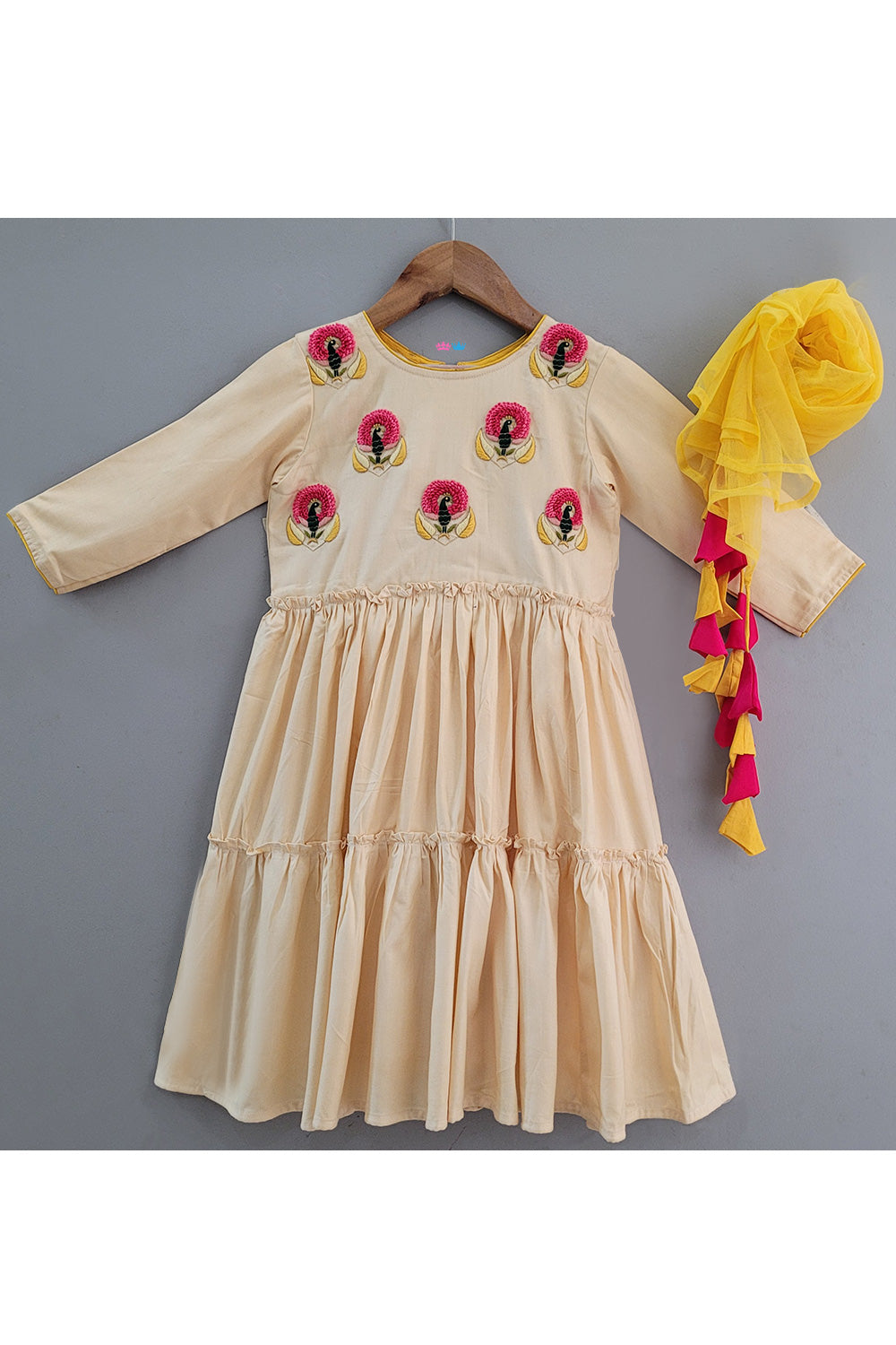 Beige Peacock Embroidered Anarkali With Dupatta Set