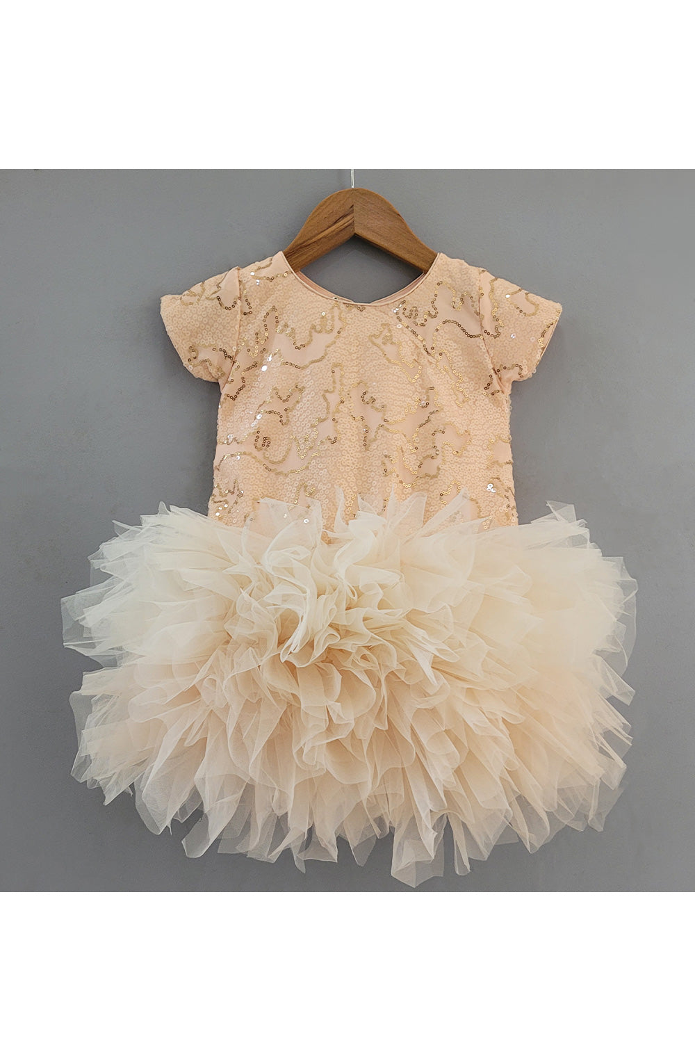 Peach Grey Sequins Embroidered Frill Dress