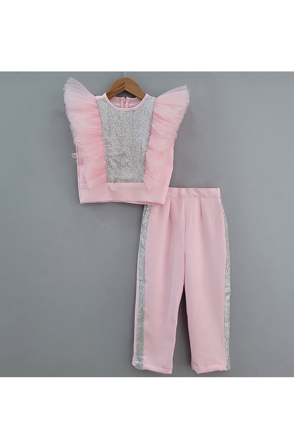 Pink Sequins Embroidered Ruffle Top With Pant Set