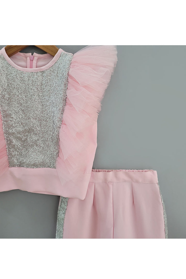 Pink Sequins Embroidered Ruffle Top With Pant Set
