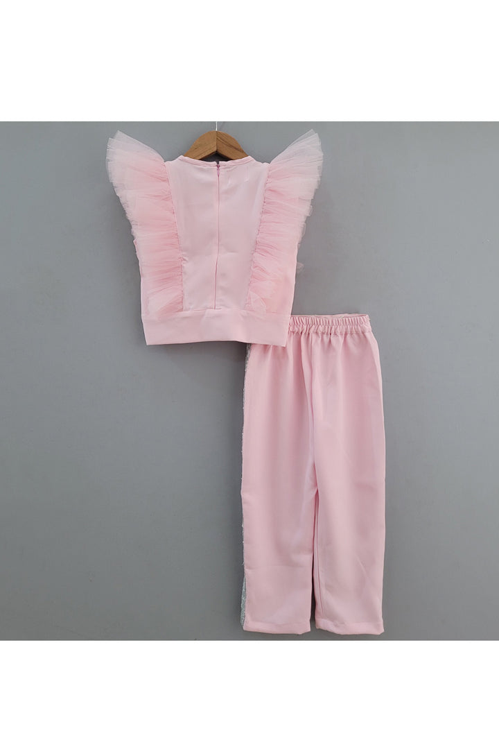 Pink Sequins Embroidered Ruffle Top With Pant Set