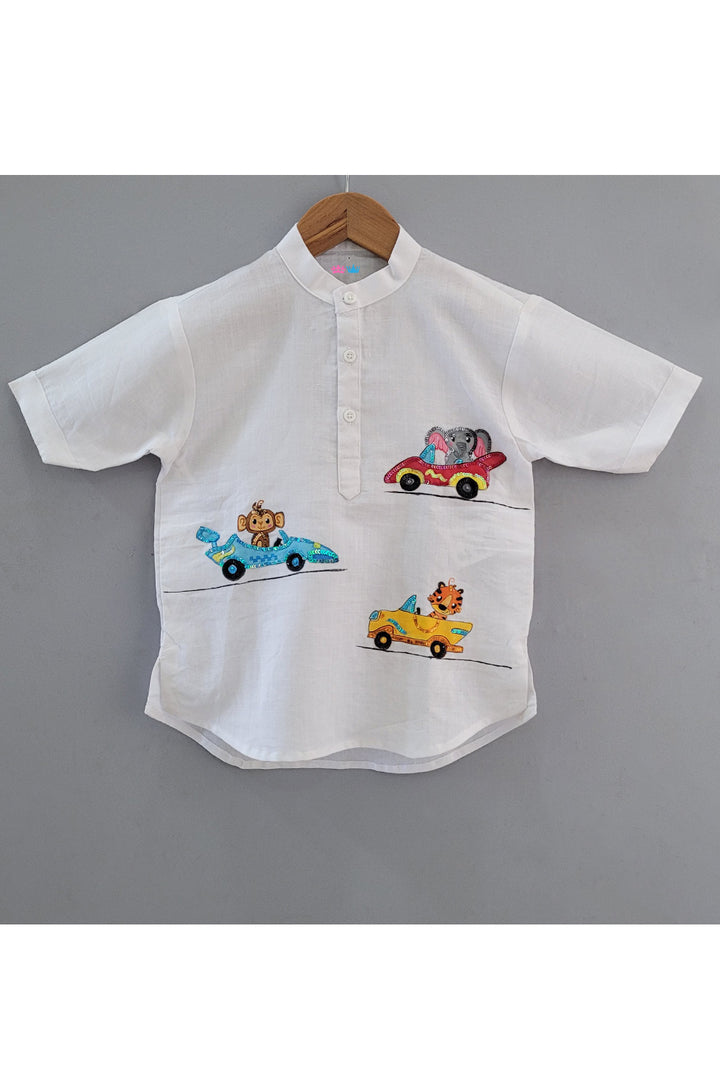 White Sequins Animal In Car Handpainted Linen Shirt