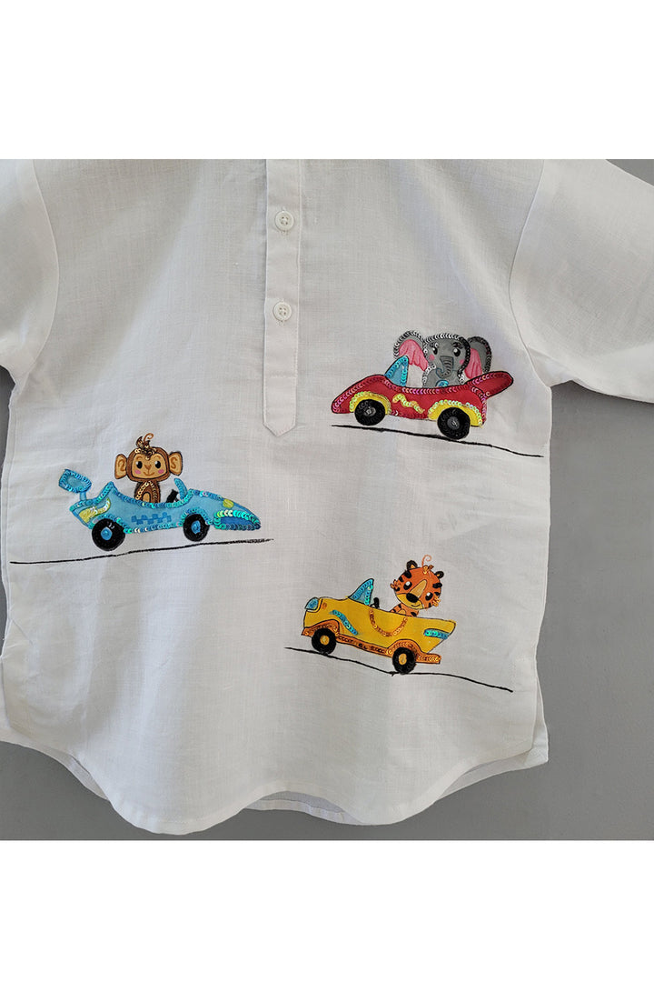 White Sequins Animal In Car Handpainted Linen Shirt
