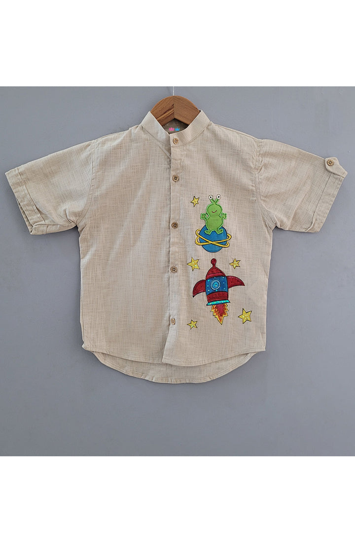 Beige Space Theme Handpainted Linen Shirt