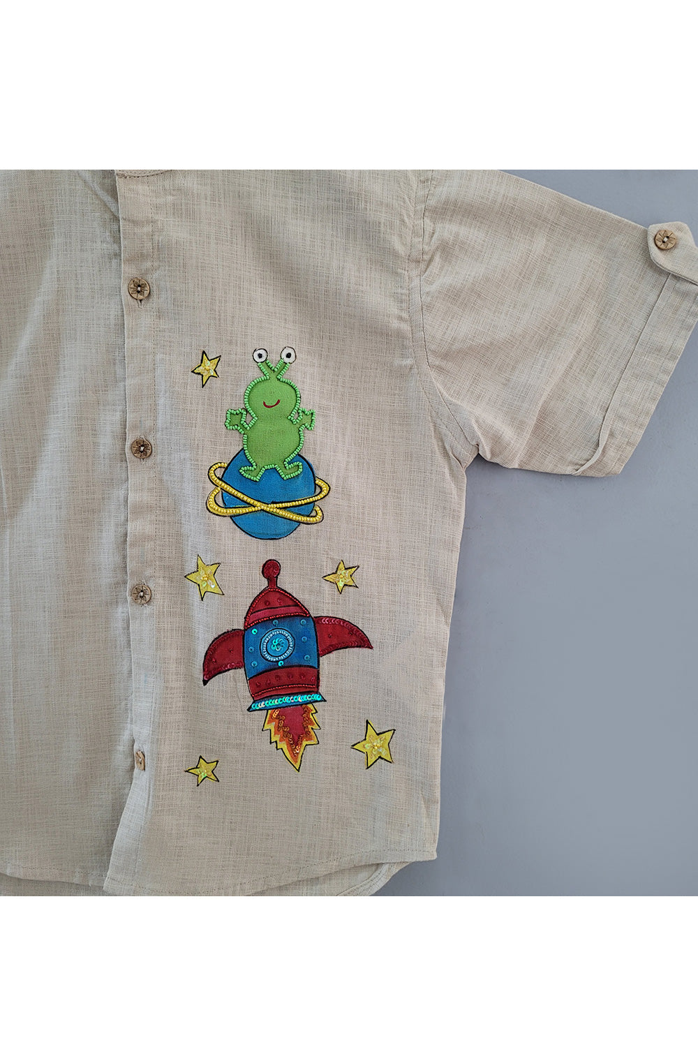 Beige Space Theme Handpainted Linen Shirt