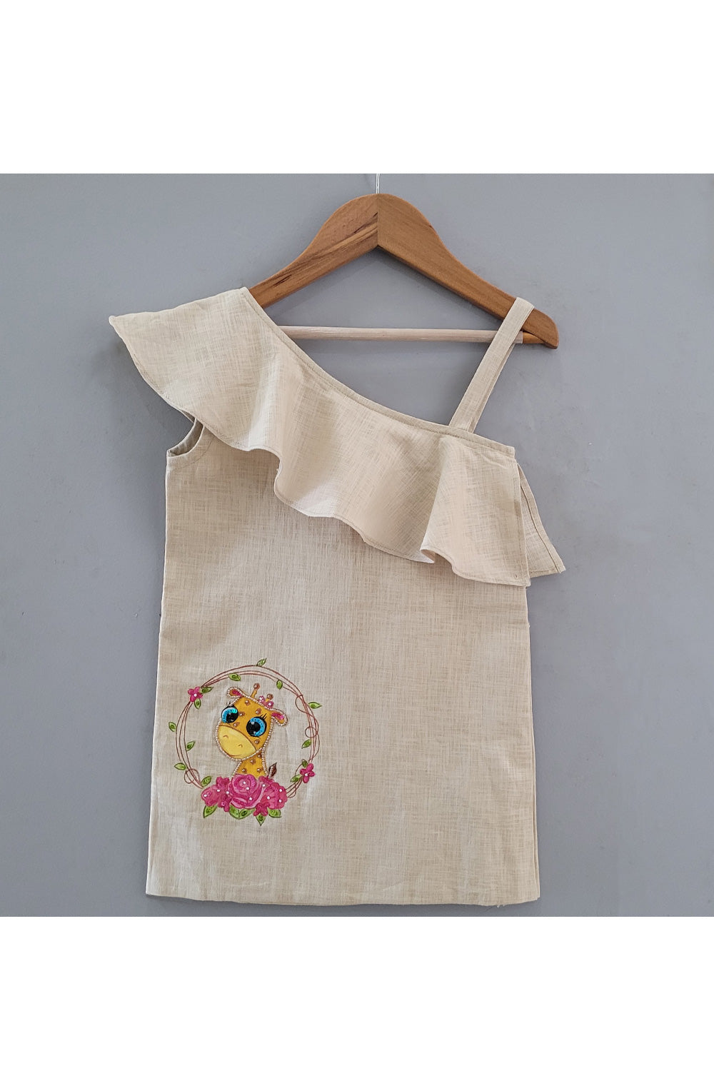 Beige Giraffe Handpainted One Shoulder Linen Beautiful Dress