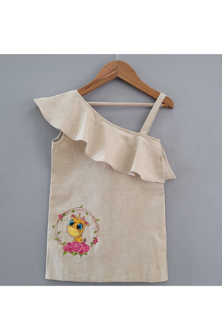 Beige Giraffe Handpainted One Shoulder Linen Beautiful Dress