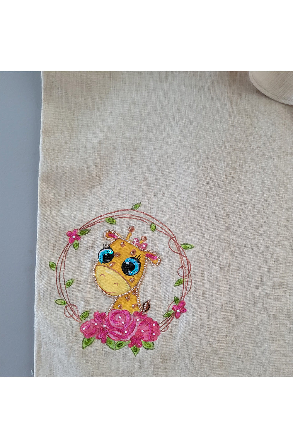 Beige Giraffe Handpainted One Shoulder Linen Beautiful Dress