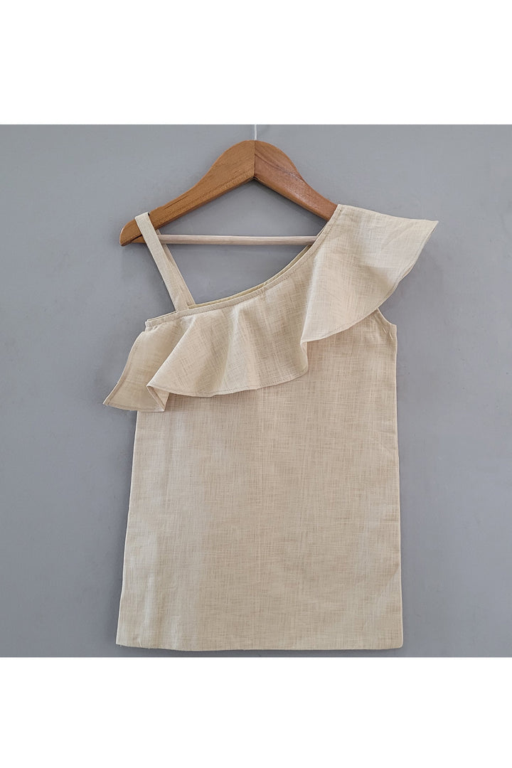 Beige Giraffe Handpainted One Shoulder Linen Beautiful Dress