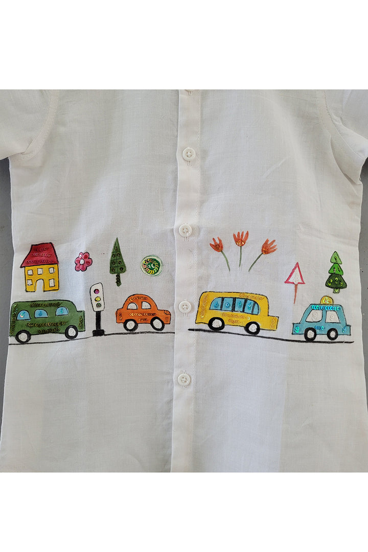 White Cars Handpainted Linen Shirt
