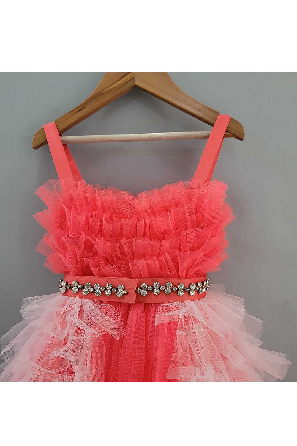 Hot Pink Net Gown With Detachable Frill Trail