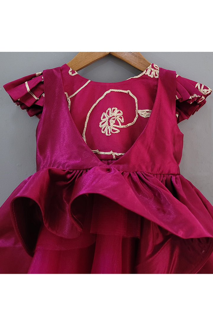 Wine Embroidered Layered Dress