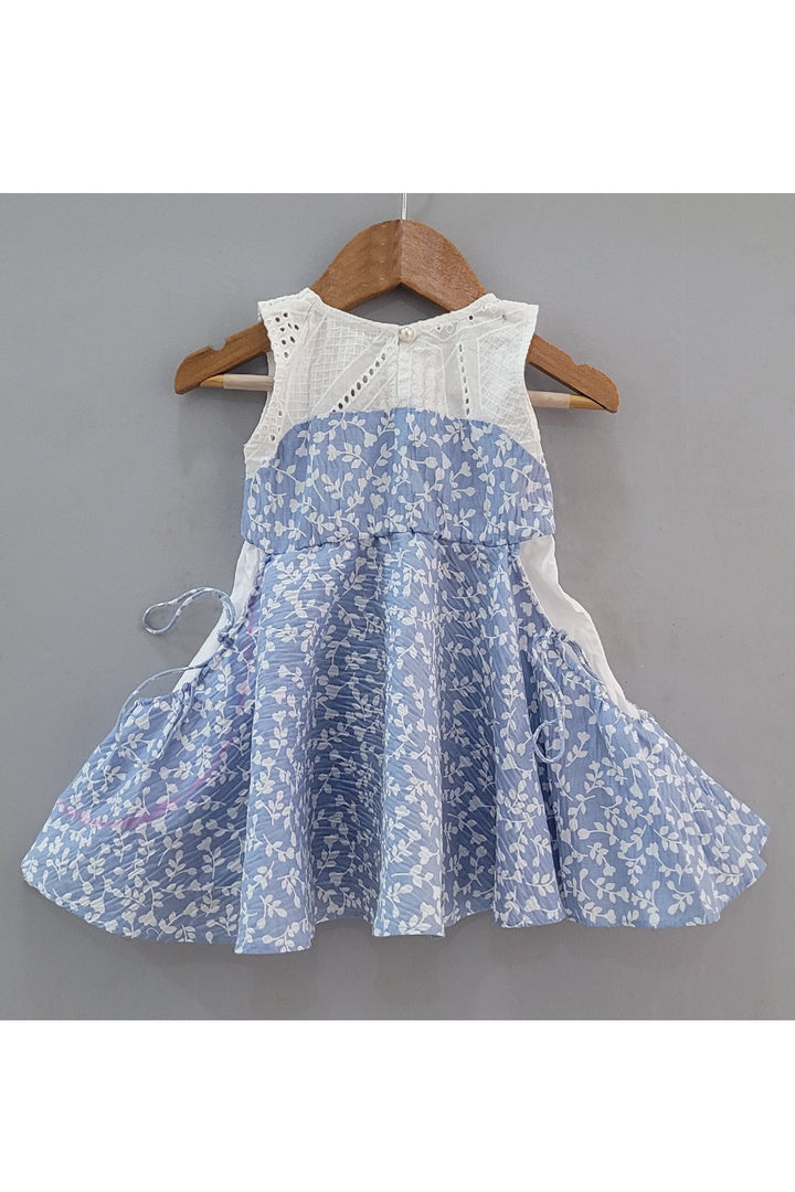 White And Blue Floral Printed Cotton Frock