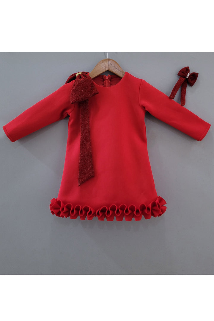 Red Sequins Embroidered Bow Detailing Dress