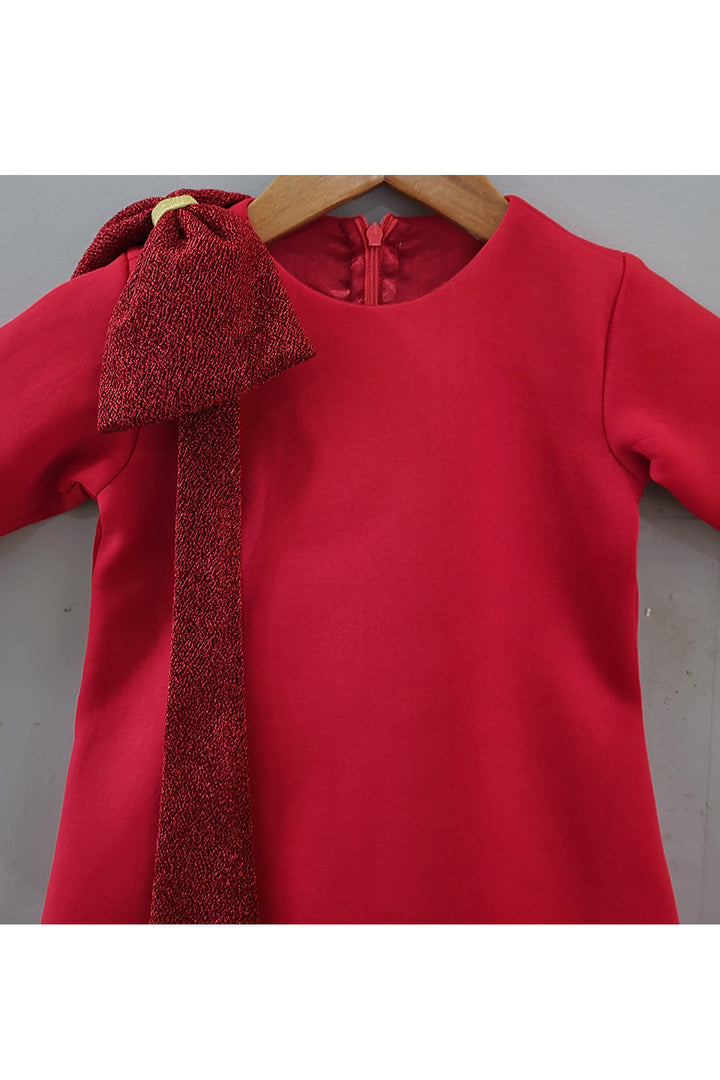 Red Sequins Embroidered Bow Detailing Dress