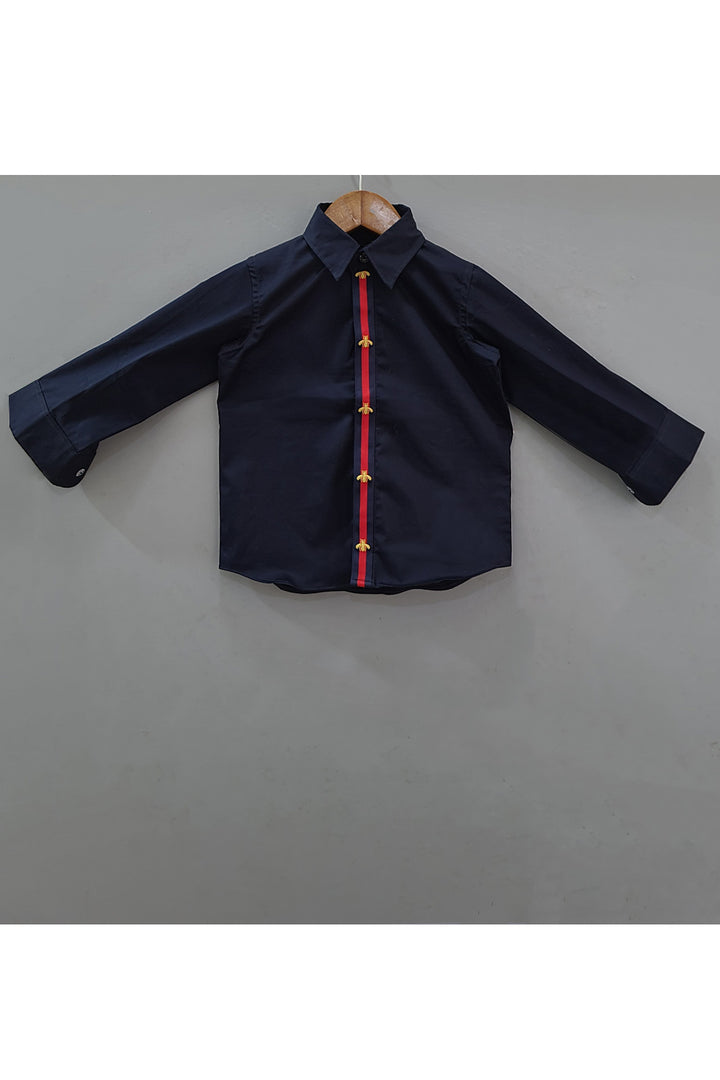 Dark Blue Bee Detailing Cotton Shirt